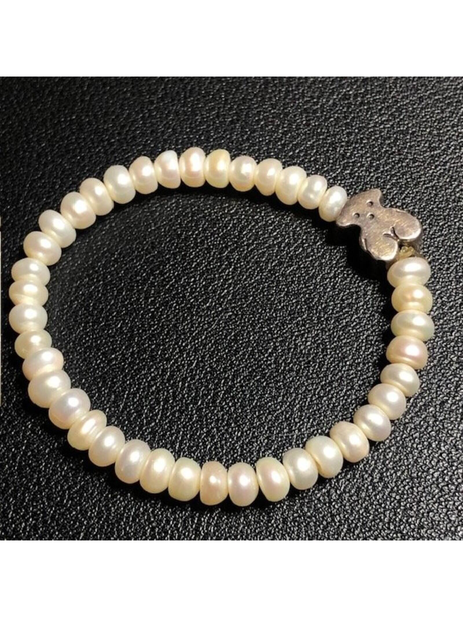 B3750 Sterling Silver Bear Freshwater Pearl Stretch Jewelry Sz Xs Or Small